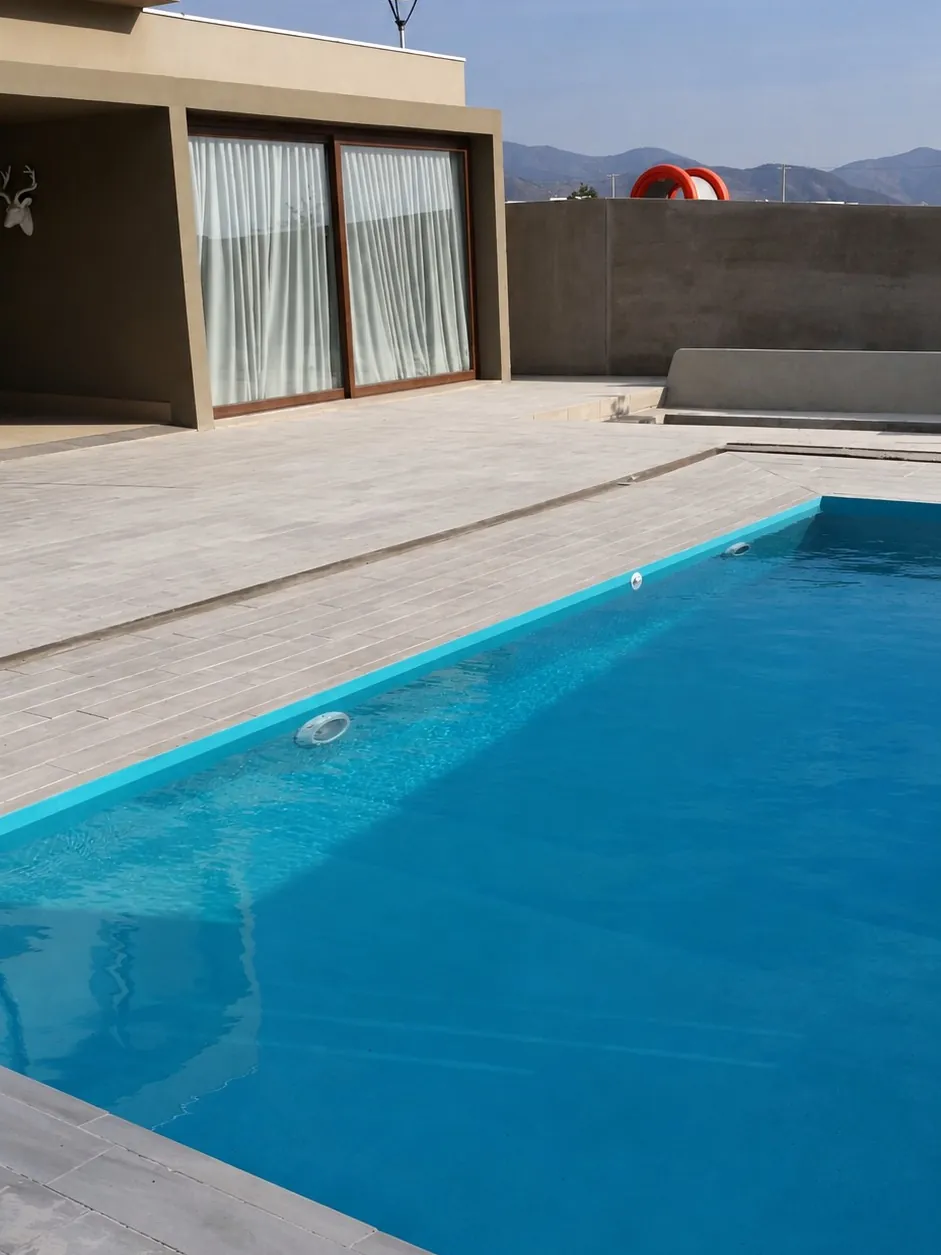 Piscina de hormigón terminada con la vivienda al fondo